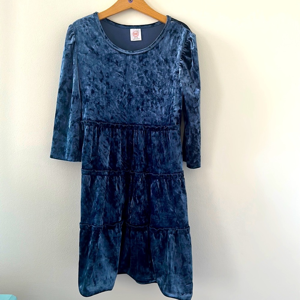 Blue crushed velvet dress girls size M 7-8